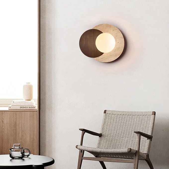 Marble Wall Lamp, Bathroom Vanity Light Fixtures, Wall Mount Lamp, Over Mirror, Stone Wall Sconces, Vintage Wall Light with Wood and Stone Shade, for Porch Workshop Kitchen Living Room