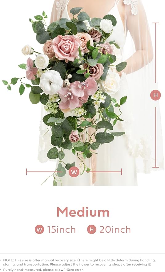 Ling's Moment Pink Bridal Bouquet for Bride, Dusty Rose Wedding Bouquets for Bride, 15 Inch Wedding Artificial Flowers