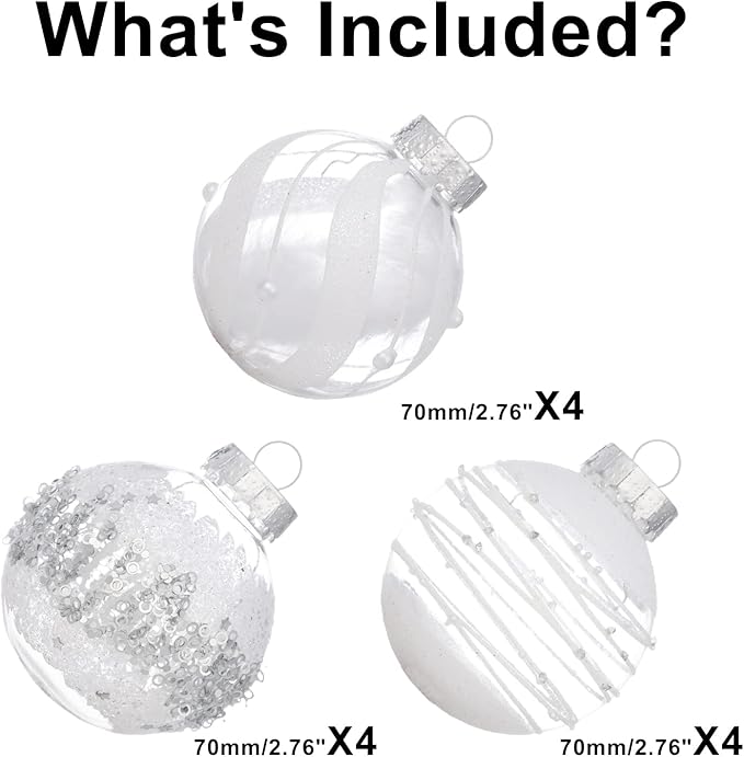 XmasExp Christmas Ball Ornaments Set, Shatterproof Christmastree Decorations,12ct Large Plastic Hanging Ornaments 70mm/2.76",Snow White