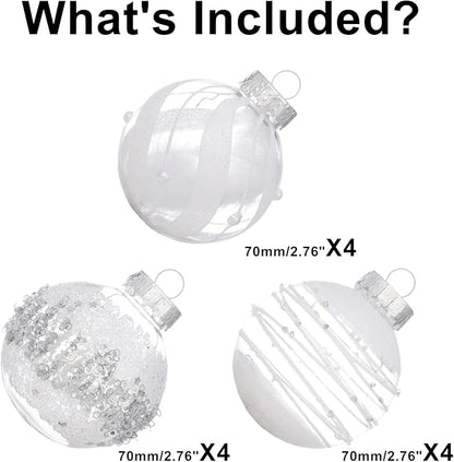 XmasExp Christmas Ball Ornaments Set, Shatterproof Christmastree Decorations,12ct Large Plastic Hanging Ornaments 70mm/2.76",Snow White