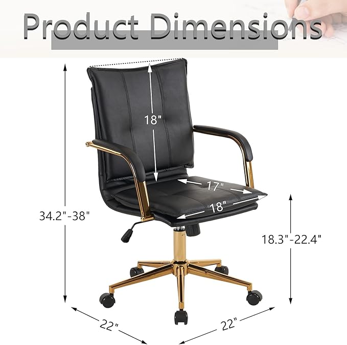 MOJAY Mid-Back Ergonomic Leather Desk Chair, Modern Upholstered Computer Chair, Executive Office Chair with Arms, Swivel Adjustable Rolling Chair with Gold Base (Black)