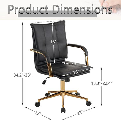 MOJAY Mid-Back Ergonomic Leather Desk Chair, Modern Upholstered Computer Chair, Executive Office Chair with Arms, Swivel Adjustable Rolling Chair with Gold Base (Black)