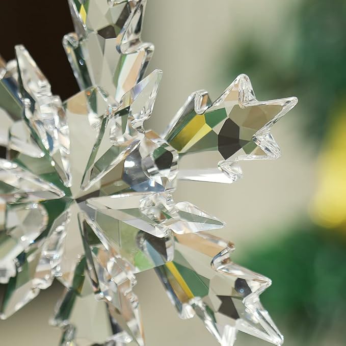 2025 Annual Christmas Ornaments Crystal Snowflake Star, Clear Champagne Faceted Crystal with Tone Metal Accents and Rayon Ribbon-New Year Christmas Tree Ornament Large Crystals Home Hanging Decor