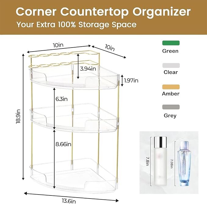 FELIZHOUSE 3-Tier Makeup Organizer for Vanity & Bathroom Countertop – Acrylic Storage Shelf with Perfume Makeup Brush Holder, Tool-Free Installation, Design for Bathroom & Dresser - Clear