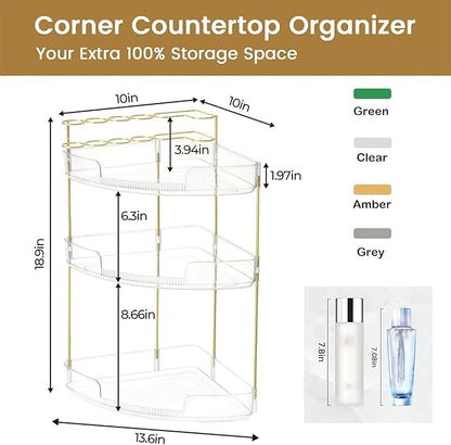 FELIZHOUSE 3-Tier Makeup Organizer for Vanity & Bathroom Countertop – Acrylic Storage Shelf with Perfume Makeup Brush Holder, Tool-Free Installation, Design for Bathroom & Dresser - Clear