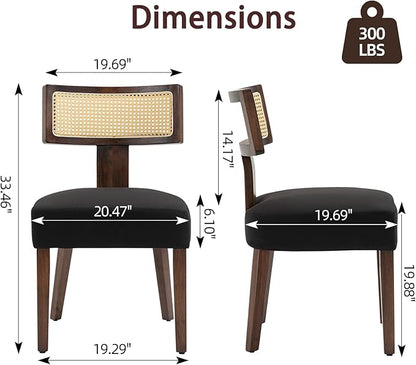 Upholstered Rattan Dining Chairs Set of 4, Mid-Century Modern Fabric Dining Room Chairs with Brown Hardwood Frame, Curved Backrest Kitchen Chairs for Living Room (Black)