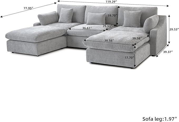 WJShome Cloud Couch Modular Sectional Sofa,119.29" U Shaped Couch, Oversized Down Filled Convertible Wide Seater,3 Seater with 2 Ottomans for Living Room Set, Covers Washable&,Grey