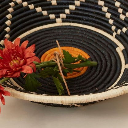 Home and Kitchen, Decorative Bowl, Fruit Basket, Table Tray, Entryway Key Holder, Wicker, Handwoven, Raffia, Large, 16" Dia, Black