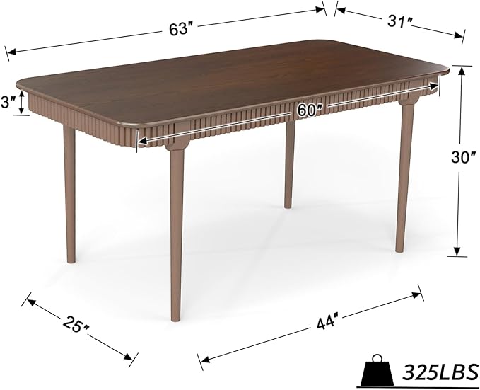LukeAlon Mid-Century 63 Inch Solid Wood Dining Table for 4-6, Retro Farmhouse Kitchen Table with Large Tabletop, Modern Table for Dining Room, Living Room, Kitchen, Walnut
