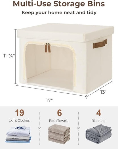 StorageWorks Storage Bins with Lids, Decorative Boxes with Clear Window for Clothes, Fabric Collapsible Baskets for Closet Organization, Large, Beige, 3 Packs