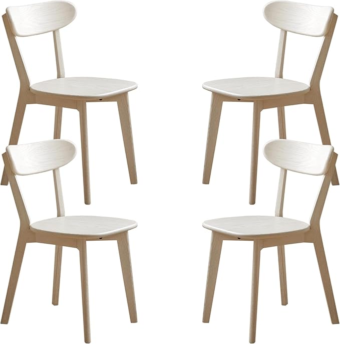 Oak Dining Chairs, Kitchen Chairs, 100% Solid Wood Modern Dinner Chair with Curved Backrest, Dining Room Chair for Kitchen, Living Room, Study (4PK, Cream White)