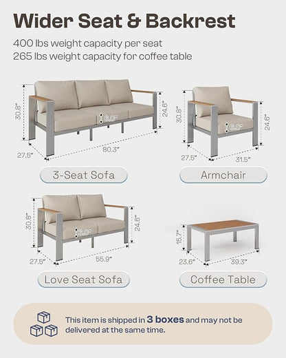 Aluminum Outdoor Patio Furniture Set with Table, 4 Piece Patio Conversation Sets with Washable Thick Cushions, Outdoor Chair Sectional Furniture Set for Porch, Balcony, Deck, Silver