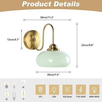 KCO Lighting Mid Century Modern Wall Sconce Vintage 1-Light Green Glass Wall Sconce Antique Brass Wall Light Fixture Brushed Gold Bathroom Vanity Light Hallway Sconces Wall Lighting