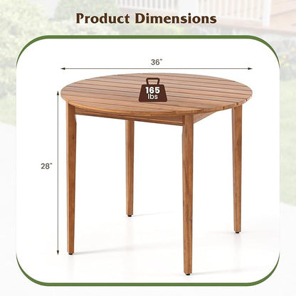 Tangkula Round Outdoor Dining Table for 4 People, 36 inch Acacia Wood Patio Table with Slatted Tabletop, Indoor Outdoor Farmhouse Bistro Table for Yard, Garden, Poolside, Deck