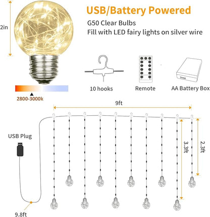 YOLIGHT Wishing Ball Curtain Lights 200 LED Window Curtain String Lights with Remote, USB Battery Powered Twinkle Globe Fairy Lights for Wedding Party Bedroom Christmas Decoration (Warm White)