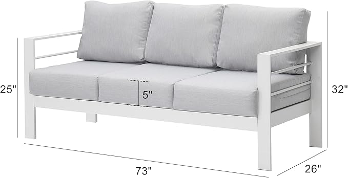 Wisteria Lane Patio Furniture Aluminum Chair, All-Weather 3 Seats Outdoor Chair, White Metal Chair with Light Grey Cushions