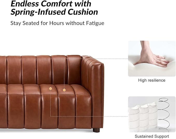 HULALA HOME 83" Genuine Leather Sofa with Channel Tufted Design, 3-Seater Sofa for Living Room Bedroom, Modern Oversized Couch with Wood Legs, Brown