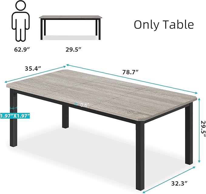 IDEALHOUSE 78.7" Long Rectangle Dining Table for 6-8 People, Industrial Wood Dinner Table (Only Table) (Light Grey)