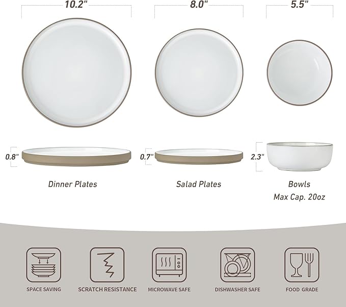 Famiware Nature Plates and Bowls Set, 24 Pieces Dinnerware Sets, Dishware Sets, Dishes Set for 8, Microwave and Dishwasher Safe, Snowy White