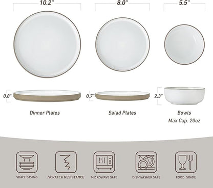 Famiware Nature Plates and Bowls Set, 24 Pieces Dinnerware Sets, Dishware Sets, Dishes Set for 8, Microwave and Dishwasher Safe, Snowy White