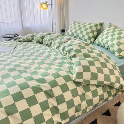 CLOTHKNOW Green White Plaid Comforter Sets California King 3Pcs Grid Bedding Comforter Sets Checker Comforter with 2 x Pillow Cases