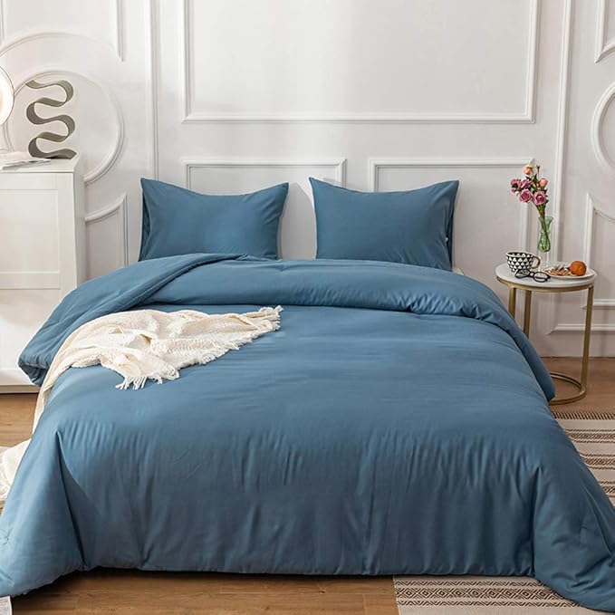 CLOTHKNOW Blue Comforter Set Twin/Twin XL 3Pcs Lake Blue Bedding Comforter Sets Grayish Blue Comforter Twin
