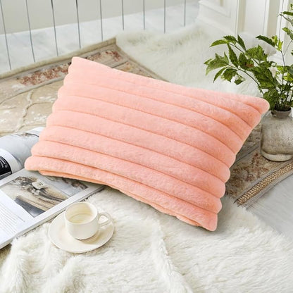 decorUhome Faux Fur Throw Pillow Covers 12x20 Set of 2, Decorative Soft Plush Striped Lumbar Neutral Euro Pillow Covers with Velvet Back for Bed, Living Room Home Decor, Blush Pink