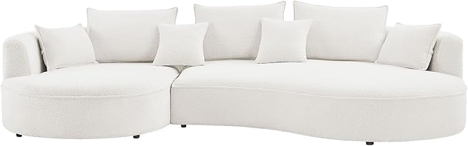 128'' Modern Curved Cloud Sofa Luxury Living Room 5 Seater Combo Sofa Cloud Curve Design Mid Century Upholstered Sofa with Ottoman for Living Room Bedroom Apartment (Boucle+Right Facing, White)