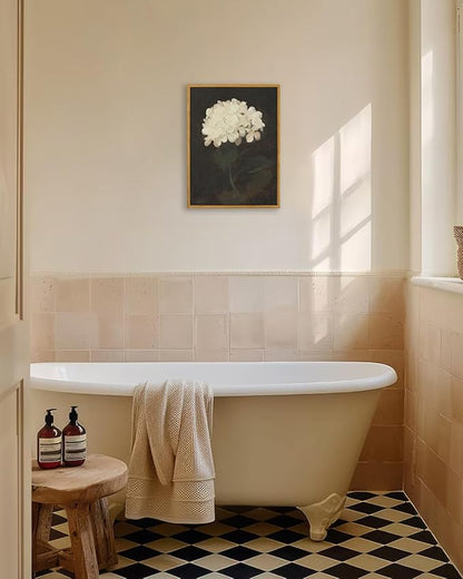 KBKBART Framed Wall Art Vintage Wall Art Room Decor, White Hydrangea Still Life Flower Canvas Oil Painting Prints, Classical Floral Wall Decor, Bedroom Bathroom Pictures Artwork（12“x16