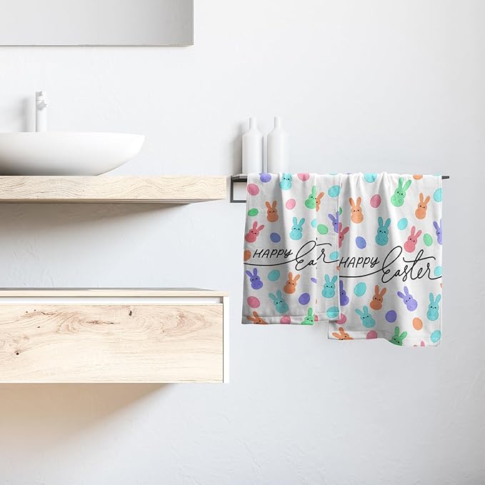 Happy Easter Hand Towels Set of 2 Colorful Cartoon Rabbit Egg Spring Holiday