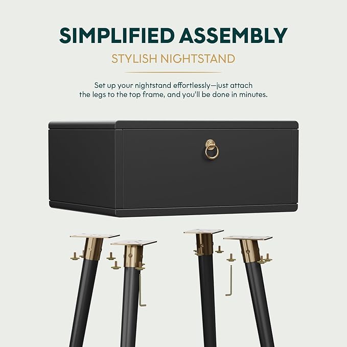 Bme Alden Wood Bedside Table Solid Wood End Table Mid Century Modern Nightstand, Side Table with 1 Drawer, Black