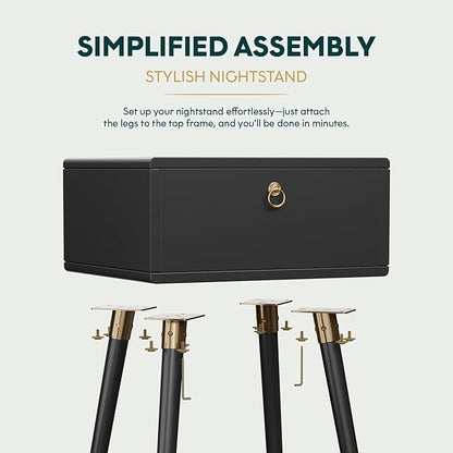 Bme Alden Wood Bedside Table Solid Wood End Table Mid Century Modern Nightstand, Side Table with 1 Drawer, Black