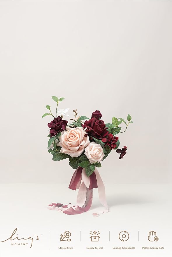 Ling's moment Artificial Flowers Red Bridesmaid Bouquet, Red & Blush Wedding Flowers Bouquets for Bridesmaids, 7 Inch Bridal Bouquets for Bridesmaids, Wedding Decor, Anniversary, etc