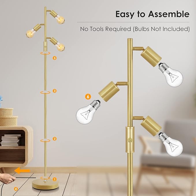 BoostArea Tree Floor Lamp, Brass Gold Industrial Floor Lamp, Modern Standing Lamp with Adjustable 3 Light, E26 Socket, Rotary Switch, Boho Stand Up Lamp Pole Lamps for Living Room, Bedroom (No Bulbs)