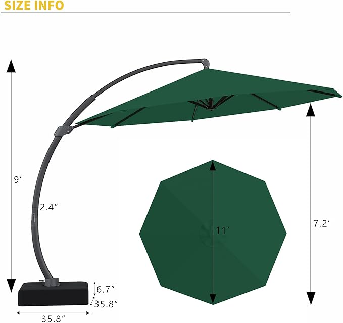 Kingdura 11ft Offset Cantilever Patio Umbrella with Base Included, Large Round Aluminum Outdoor Umbrella, 360° Rotation & Infinite Tilt, Heavy Duty Frame for Deck Pool Backyard, Dark Green