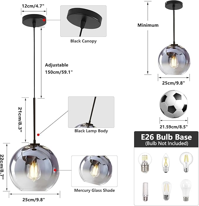 KCO Lighting Mercury Glass Pendant Light Fixtures Mid Century Modern Silver Kitchen Island Pendant Lights Ceiling Hanging Black Large Globe Pendant Light for Living Room Dining Room
