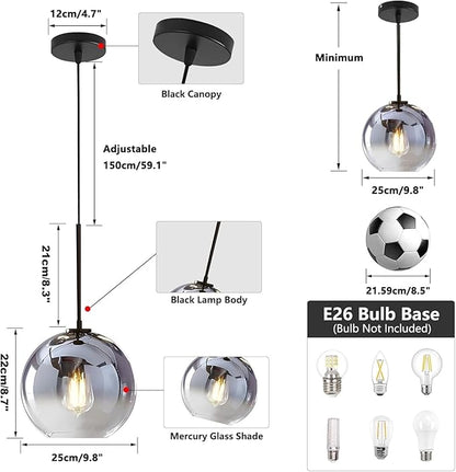KCO Lighting Mercury Glass Pendant Light Fixtures Mid Century Modern Silver Kitchen Island Pendant Lights Ceiling Hanging Black Large Globe Pendant Light for Living Room Dining Room