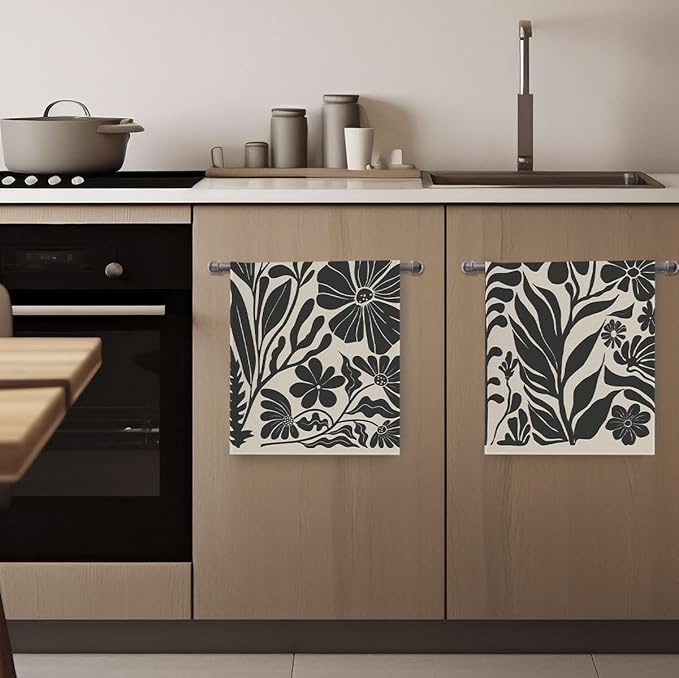 Boho Floral Dish Towels Vintage Abstract Flowers Waffle Weave Black