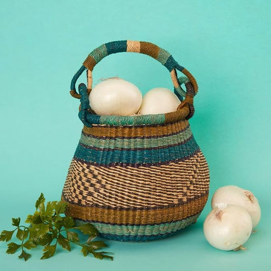 Kitchen Decor, Kitchen Storage, Fruit Basket, Wicker Basket, Woven, Shelf Decor, Decorative Basket, Harvestng Basket, Boho, African, Bolga, Pot Shape, 9" W, Small, Blue Green