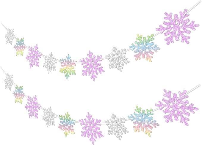 2Pack Silver and Purple Snowflake Garland Winter Wondeland Decorations, Glitter Snowflake Banner for Girl/Women Frozen Birthday Party Decorations and Christmas Baby Shower Party Supplies.