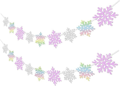 2Pack Silver and Purple Snowflake Garland Winter Wondeland Decorations, Glitter Snowflake Banner for Girl/Women Frozen Birthday Party Decorations and Christmas Baby Shower Party Supplies.