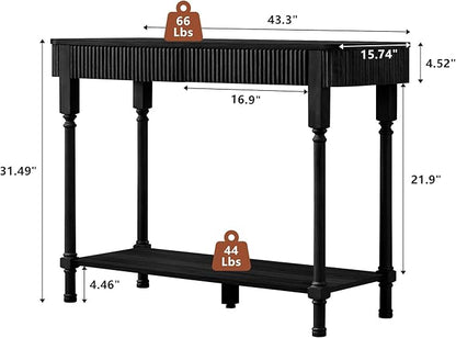 43.3'' Fluted Console Table for Entryway, Narrow Entryway Tables with 2 Wooden Drawers, Retro Sofa Table Behind Couch Accent Tables for Foyer, Living Room, Hallway (Black)