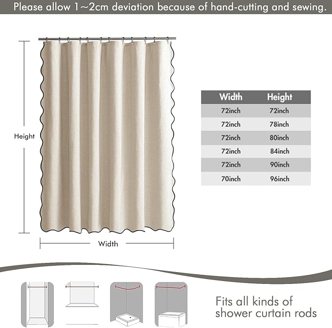 MIULEE 84" Long Scalloped Shower Curtain Linen Textured with 12 Metal Hooks Cute Extra Long Heavy Duty Washable Waterproof Cloth Shower Curtains with Black Border for Bathroom Hotel Bathtub,Beige