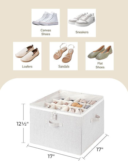 StorageWorks Shoe Organizer for Closet, Fits up to 16 Pairs, Shoe Cubby Storage Containers with Adjustable Dividers and Clear Cover, Gray and White Stripes