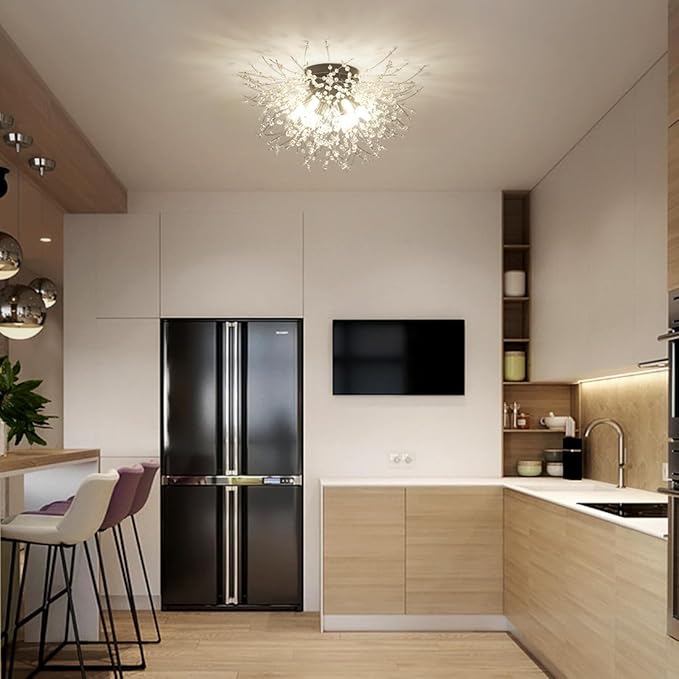 HMVPL Black Ceiling Light Fixture,6-Light Firework Sputnik Flush Mount Ceiling Light with K9 Crystal String,Modern Close to Ceiling Light for Bedroom Bathroom Hallway Kitchen Entrance Closet