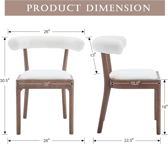 Wood Dining Chairs Set of 4, Mid Century Modern Living Room Chairs with Unique Curved Open Back Comfy Upholstered Side Chair for Kitchen/Restaurant/Reception, Sherpa White