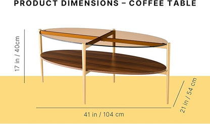 AGV LIGHTING Oval Coffee Table, Mid-Century Modern Coffee Table, Glass Coffee Table, Glod Finish Legs, Amber Brown Glass Top with Walnut MDF Shelf