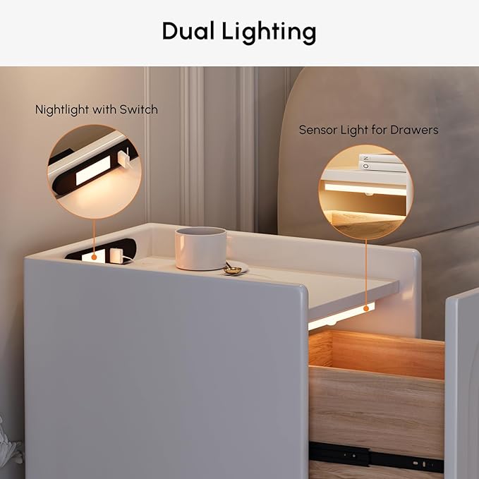 homary Modern Narrow White Nightstand with USB Port & Sensor Light, Smart Bedside Table with Charging Station for Bedrooms Living Rooms