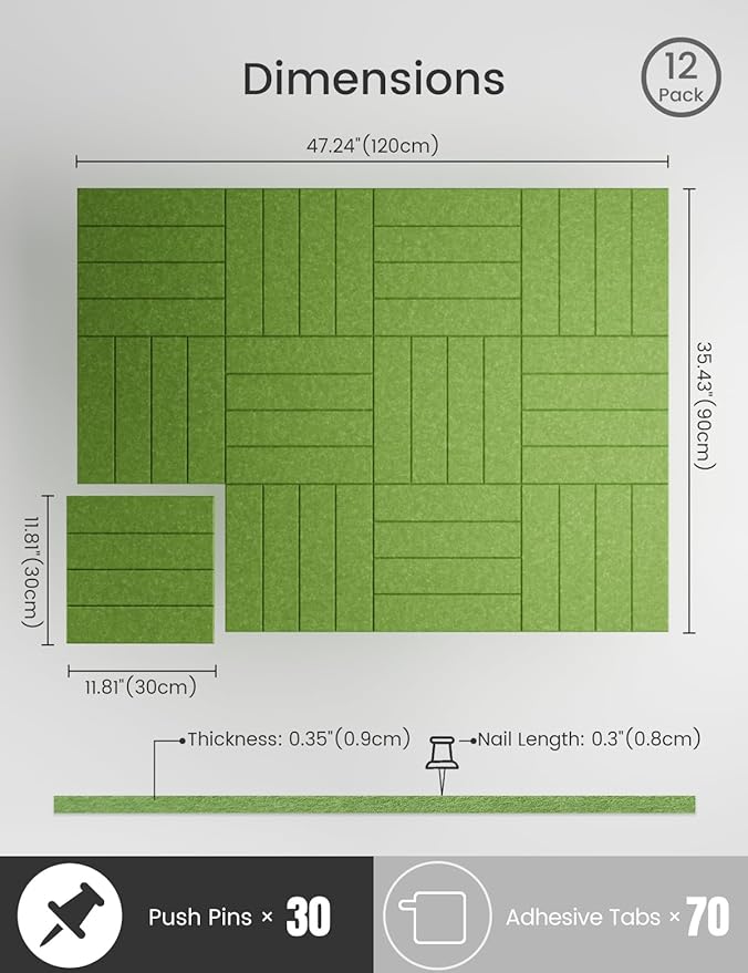 Bumusty Large Cork Board Alternative-47 x35 Felt Bulletin Board Tiles, with 30 Pushpins, 70 Adhesive Tabs, 12-Pack Slat Wall Paneling, Cork Boards for Office Push Pin Board Felt Board-Grass Green