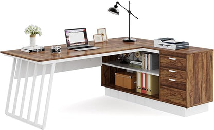 Tribesigns 71-Inch Executive Desk, L-Shaped Desk with Cabinet, Large Office Desk with Drawers and Storage Shelves, Writing Table Computer Desk for Home Office, Brown and White
